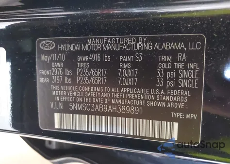 2010 Hyundai Santa Fe Gls z USA, uszkodzony, nr VIN 5NMSG3AB9AH389891